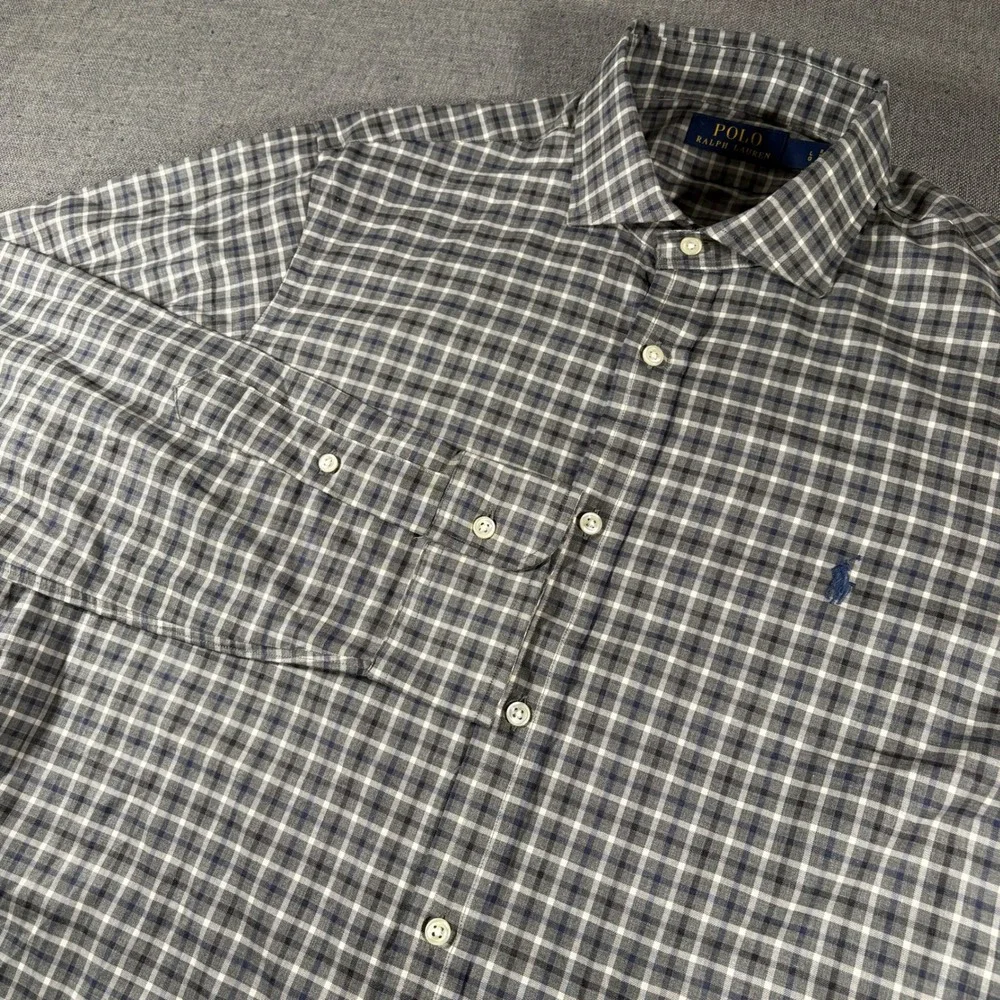 Polo Ralph Lauren Button Down Mens‎ Large Grey Blue Plaid Long Sleeve Pony Logo